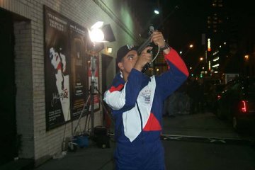 Armando in Broadway Street being filmed for the Letterman Show